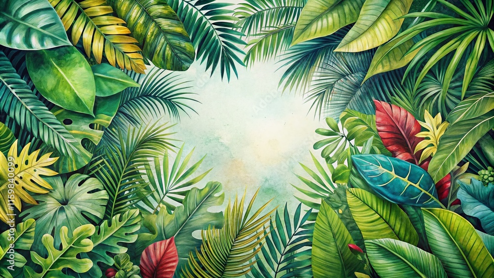 Naklejka premium Drone Shot: Watercolor Tropical Leaves Circle Frame