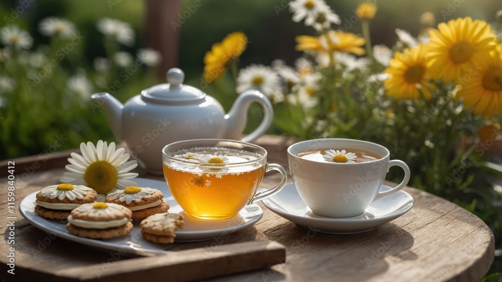 A serene outdoor tea setting with cookies and flowers. A serene outdoor tea setting with cookies and flowers.