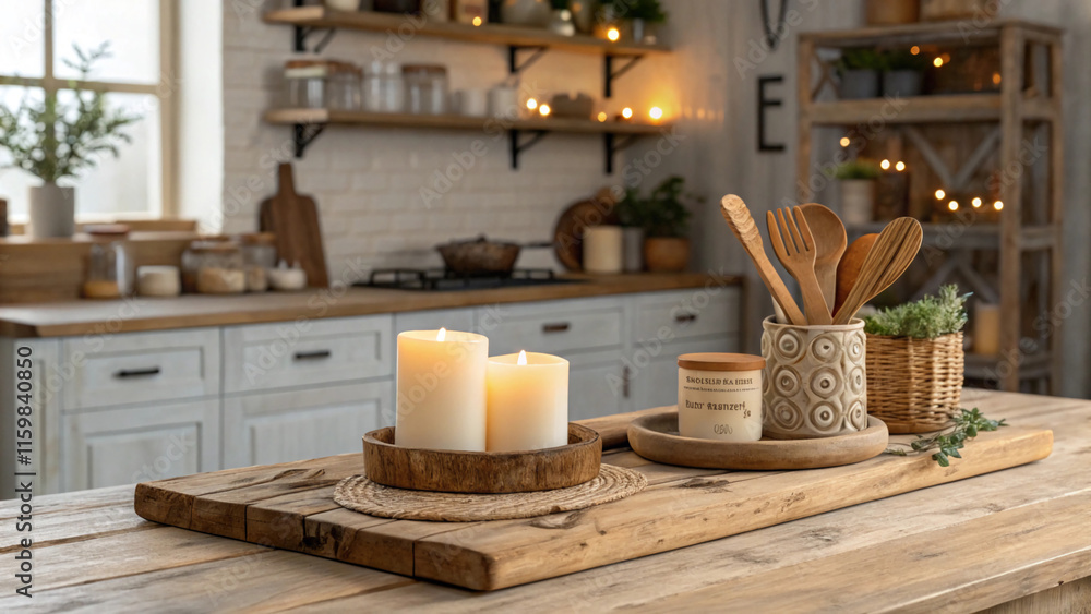 Rustic wood board table countertop mockup surface with candles and wooden utensils in boho cottage farmhouse kitchen background
Rustic wood board table countertop mockup surface with candles and wooden utensils in boho cottage farmhouse kitchen background