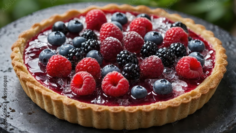 A delicious berry tart topped with fresh raspberries, blueberries, and blackberries. A delicious berry tart topped with fresh raspberries, blueberries, and blackberries.
