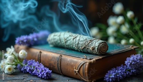 Smoky sage incense burns on old book. Fragrant smoke rises. Flowers like hyacinths, white flowers surround. Old book with vintage binding, textured cover. Spiritual, traditional wellness ritual. photo