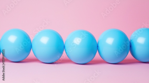 Row of light blue spheres on pink background.