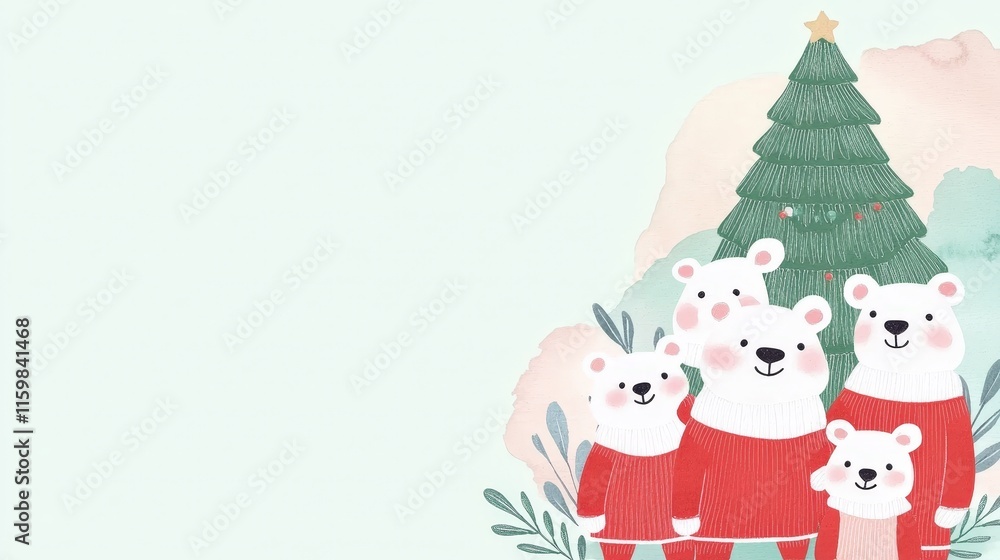 A cheerful illustration of polar bears in festive attire by a Christmas tree. A cheerful illustration of polar bears in festive attire by a Christmas tree.