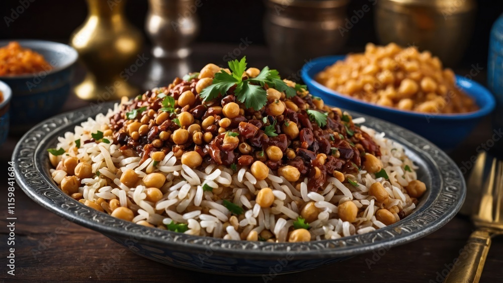 A flavorful dish of rice topped with chickpeas and herbs, beautifully presented. A flavorful dish of rice topped with chickpeas and herbs, beautifully presented.