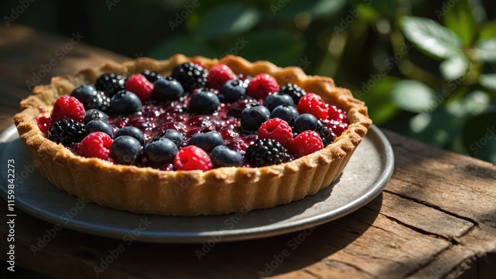 A delicious berry tart with a golden crust, beautifully arranged on a rustic wooden table. A delicious berry tart with a golden crust, beautifully arranged on a rustic wooden table.
