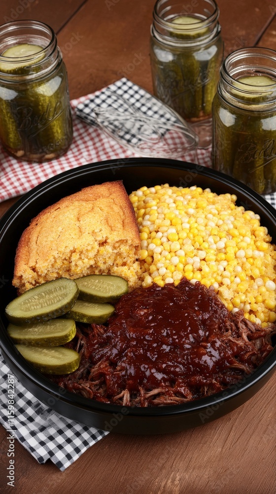 A delicious meal featuring pulled pork, cornbread, corn, and pickles. A delicious meal featuring pulled pork, cornbread, corn, and pickles.