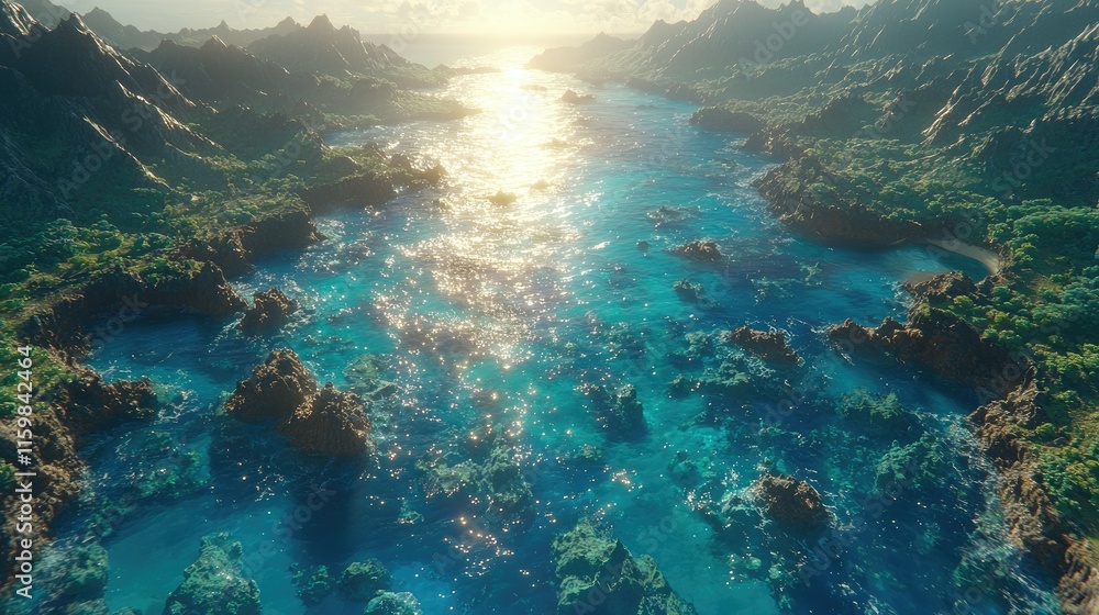 Fototapeta premium Aerial view of a vibrant ocean landscape with rocky formations and lush greenery.