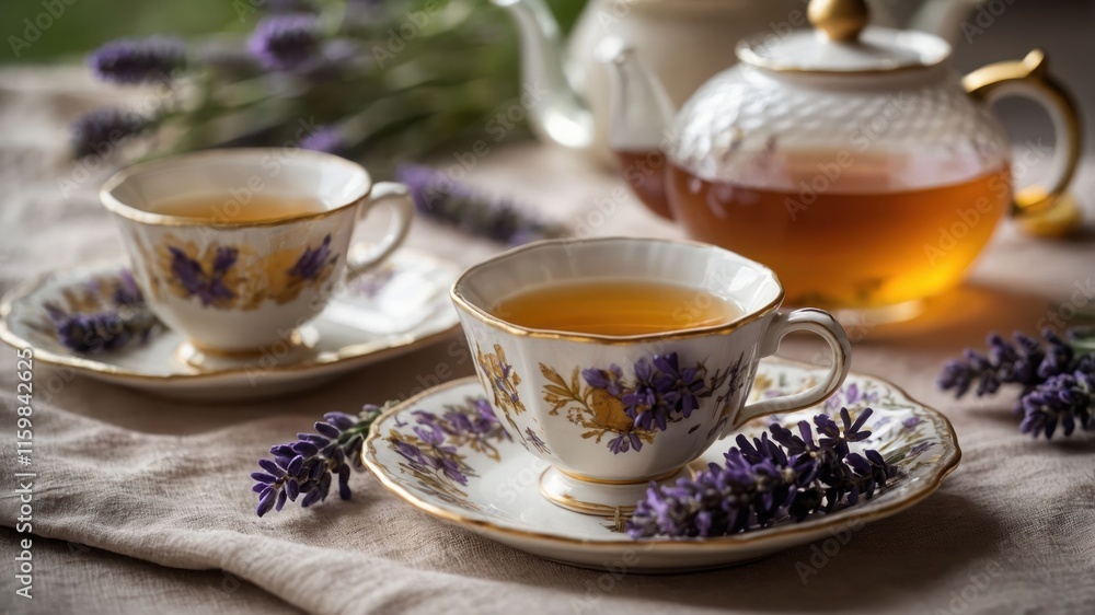 Two elegant tea cups with lavender tea, surrounded by fresh lavender flowers. Two elegant tea cups with lavender tea, surrounded by fresh lavender flowers.