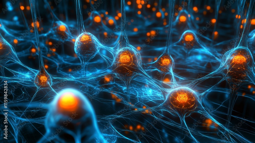 Fototapeta premium Futuristic neural network visualization with glowing connections, showcasing advanced artificial intelligence and digital innovation in technology.
