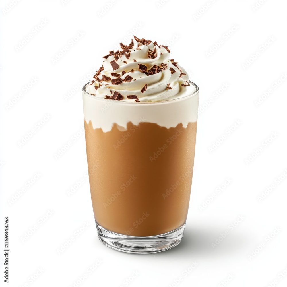 Chilled coffee frappé in a glass. Featuring whipped cream and chocolate shavings Chilled coffee frappé in a glass. Featuring whipped cream and chocolate shavings