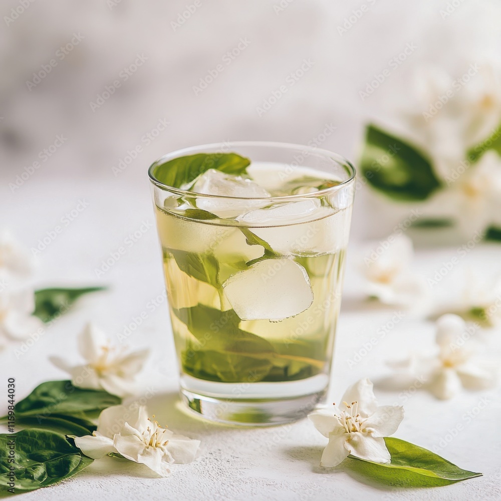 Chilled green tea with jasmine in a glass. Featuring jasmine flowers and ice cubes Chilled green tea with jasmine in a glass. Featuring jasmine flowers and ice cubes