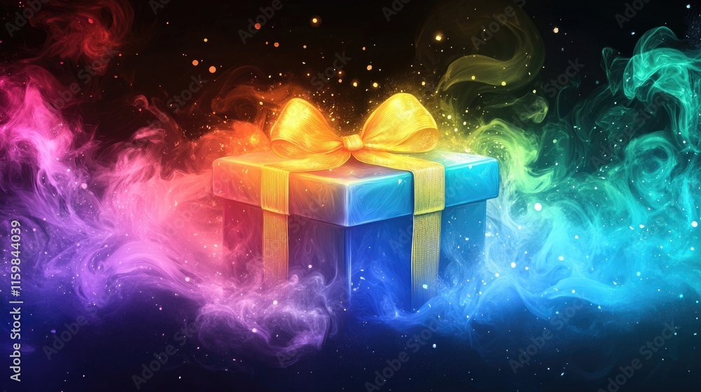 Vibrant gift box with colorful ribbons and mystical smoke effects Vibrant gift box with colorful ribbons and mystical smoke effects