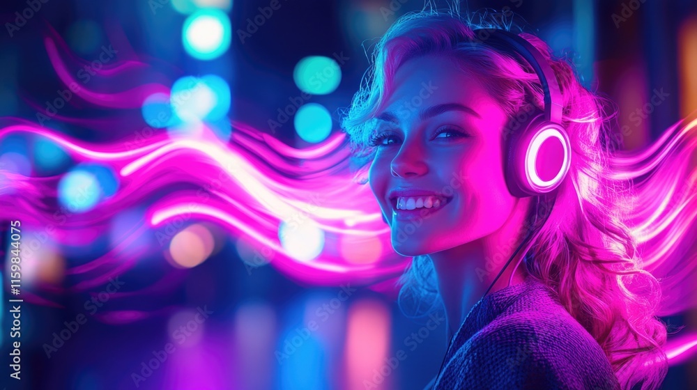 Young caucasian woman enjoying music in neon lights at night Young caucasian woman enjoying music in neon lights at night