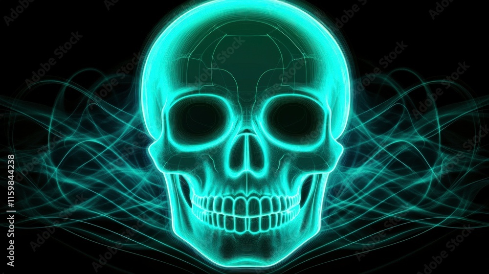 A glowing, stylized skull design with abstract wave patterns. A glowing, stylized skull design with abstract wave patterns.