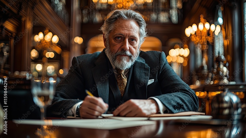 An elderly man in formal attire writes thoughtfully in a luxurious, vintage library setting. An elderly man in formal attire writes thoughtfully in a luxurious, vintage library setting.