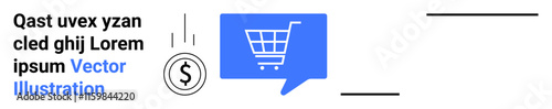 Shopping cart inside a blue speech bubble next to a falling currency symbol. Ideal for ecommerce, online shopping, business, finance, marketing, retail, digital platforms. Landing page