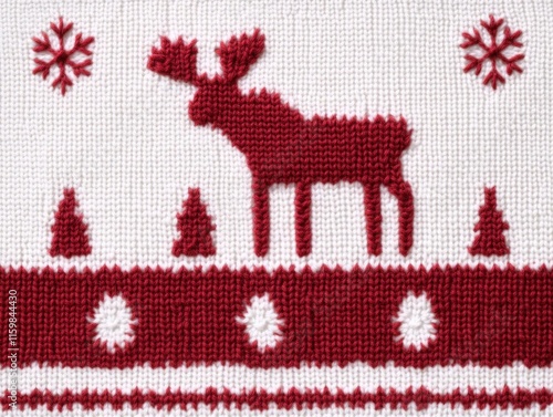 A knitted pattern featuring a moose, trees, and snowflakes in red and white. photo