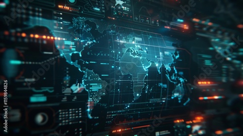 Light projection of a world map on a dark background with futuristic interface elements