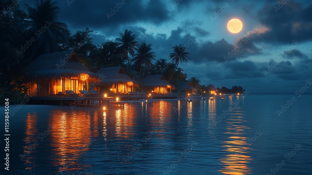 Illuminated Tropical Overwater Bungalows Under Night Sky Illuminated Tropical Overwater Bungalows Under Night Sky