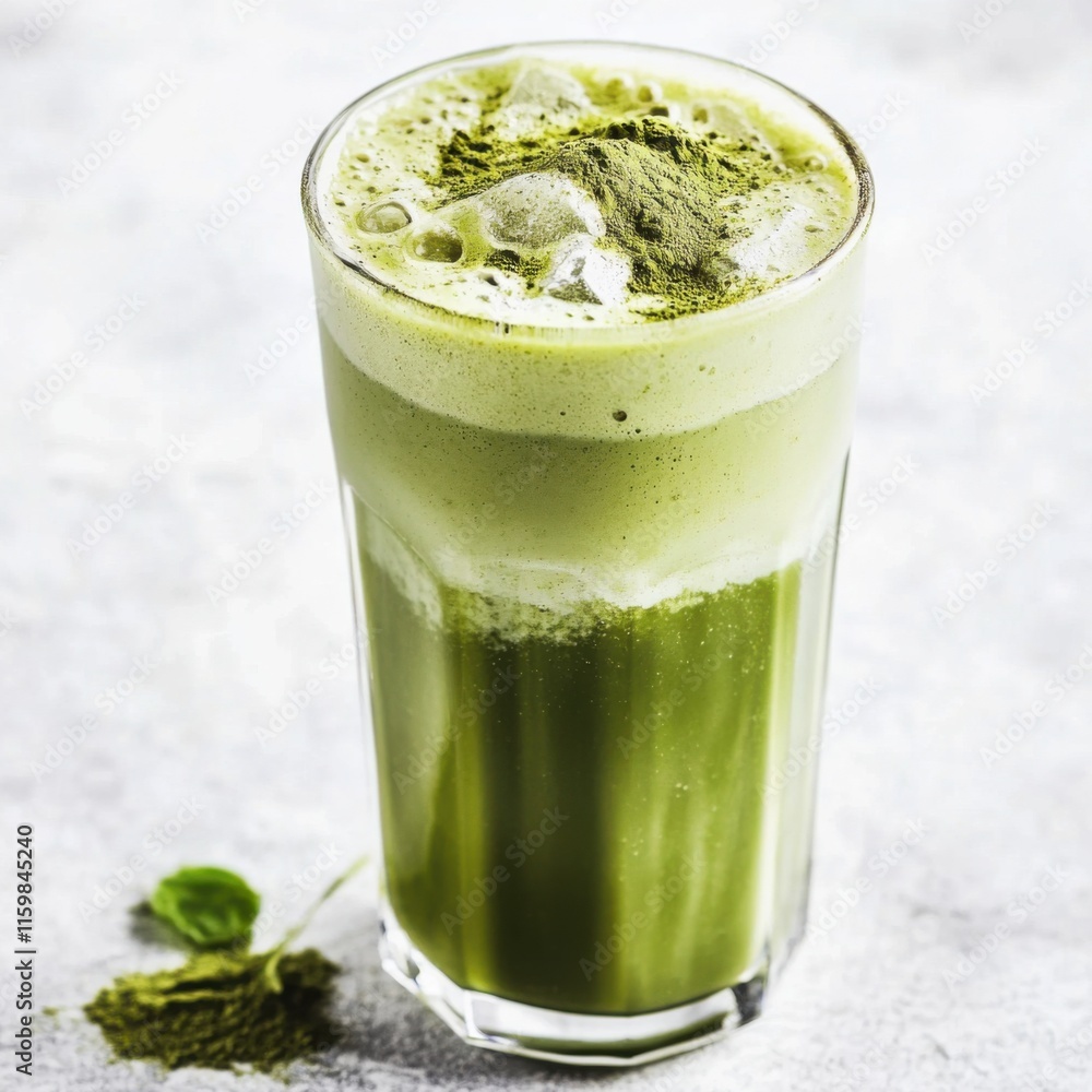 Chilled matcha latte in a glass. Featuring almond milk and matcha powder Chilled matcha latte in a glass. Featuring almond milk and matcha powder
