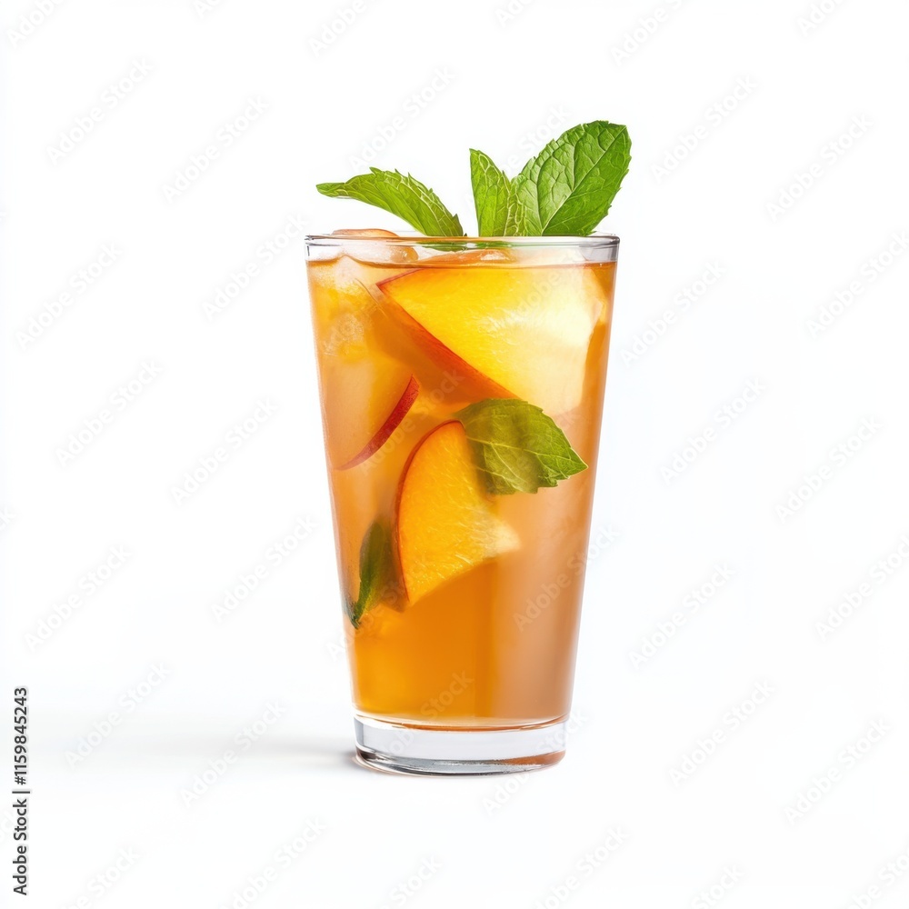 Chilled peach iced tea in a glass pitcher. Featuring fresh peaches and mint leaves Chilled peach iced tea in a glass pitcher. Featuring fresh peaches and mint leaves