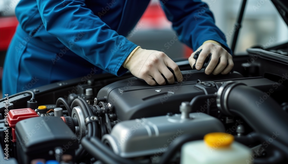 Mechanic in blue uniform works on car engine. Automotive technician inspects car engine parts. Auto repair service in progress. Industrial setting. Auto repair. Car maintenance. Engine servicing. Mechanic in blue uniform works on car engine. Automotive technician inspects car engine parts. Auto repair service in progress. Industrial setting. Auto repair. Car maintenance. Engine servicing.