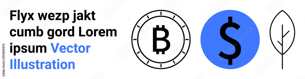 Dollar sign in blue circle, Bitcoin symbol in coin, and simple leaf design. Ideal for finance, cryptocurrency, investment, sustainability, eco-friendly topics, clean designs. Landing page Dollar sign in blue circle, Bitcoin symbol in coin, and simple leaf design. Ideal for finance, cryptocurrency, investment, sustainability, eco-friendly topics, clean designs. Landing page