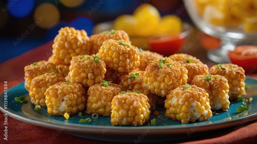 A plate of golden, crispy corn bites garnished with green onions, ready for serving. A plate of golden, crispy corn bites garnished with green onions, ready for serving.