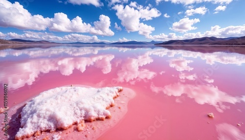  Close-up of the vibrant pink waters of Las Coloradas. Salt crystals sparkling on the edges. Reflections of fluffy clouds in the still water. Calm and mesmerizing atmosphere.