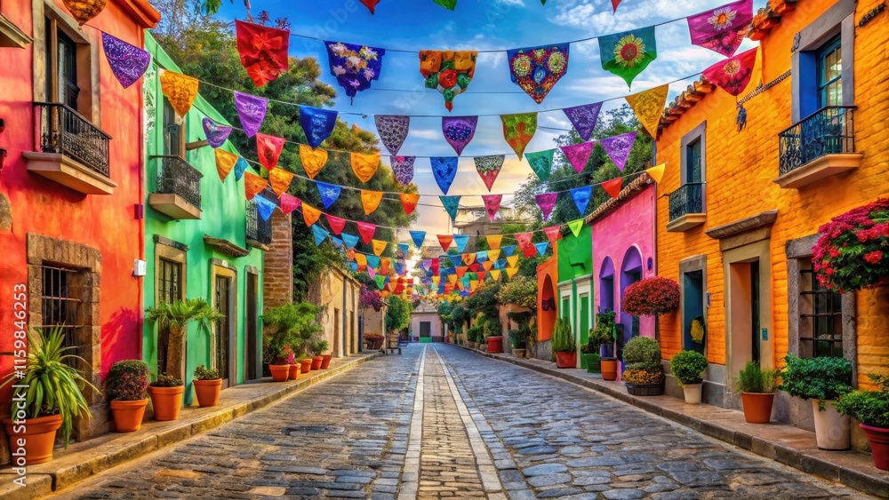 Fototapeta premium Vibrant Mexican street decorated for Dia de los Muertos celebration, Mexican, street, vibrant, colorful