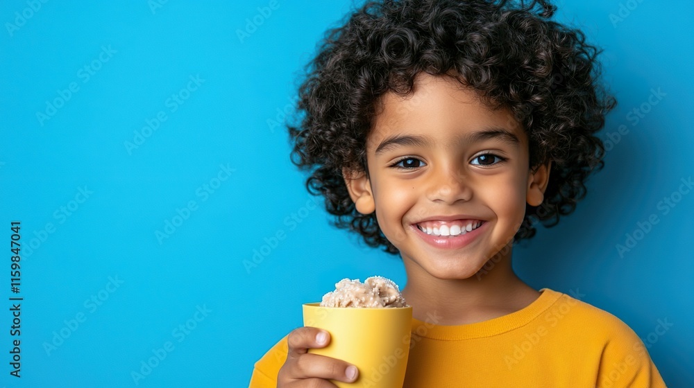 Curly-Haired Boy Laughing with Ice Cream Cone Bright Blue Background Summer Fun Curly-Haired Boy Laughing with Ice Cream Cone Bright Blue Background Summer Fun