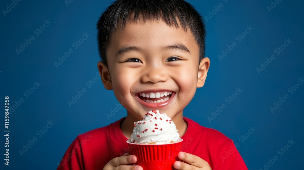 Laughing Child Holding Ice Cream Cone Bright Blue Background Joyful Summer Happiness Laughing Child Holding Ice Cream Cone Bright Blue Background Joyful Summer Happiness