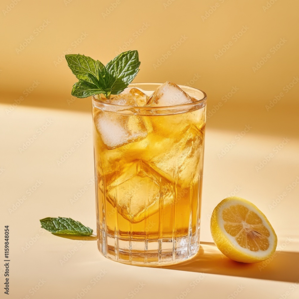 Fototapeta premium Classic iced tea in a glass. Featuring lemon wedges and mint leaves