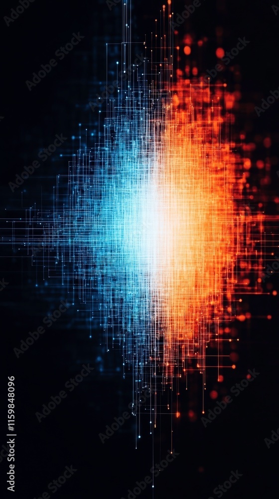 Abstract digital visualization of blue and orange light patterns.