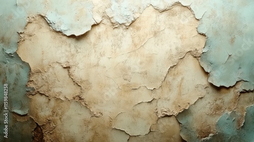 Wallpaper Mural Cracked, peeling paint on a textured wall; beige, light blue, and brown tones. Torontodigital.ca