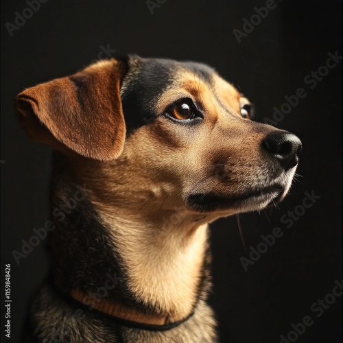 Portrait of a mixed-breed dog with focused expression photo