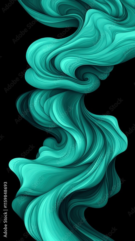 Obraz premium Abstract swirling teal shapes on a black background.