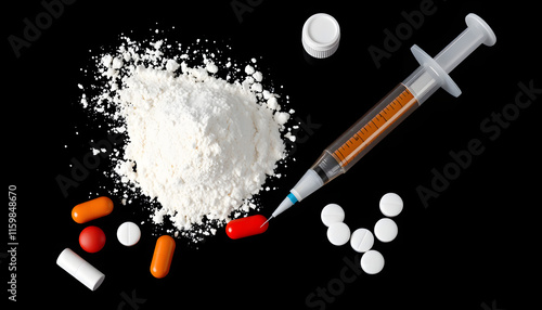 Set of different drugs - powder and pills and a syringe on a black background isolated with white highlights, png photo