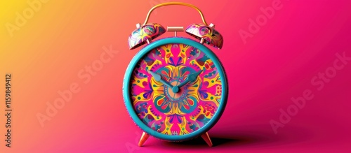 Colorful alarm clock with a mandala design on a pink background. photo