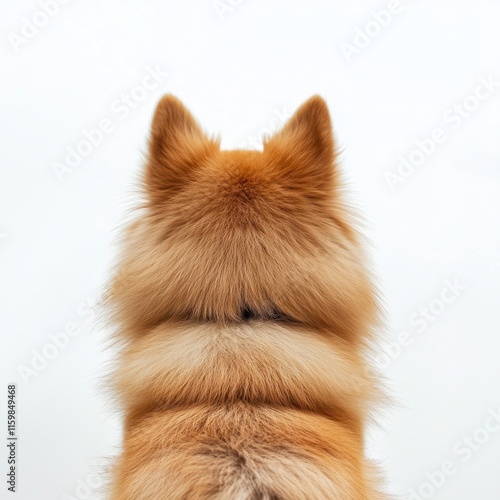 Fluffy dog's back facing camera against white background photo