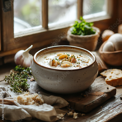 Plakat w ramie clam chowder and rustic kitchen