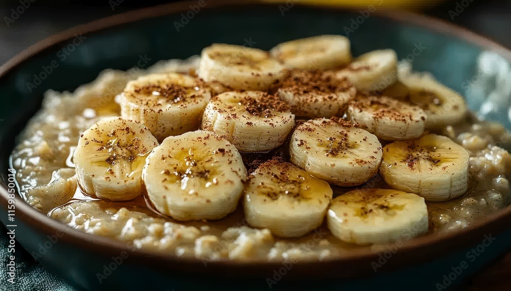 Oatmeal breakfast bowl with banana slices, honey, and cinnamon. Oatmeal breakfast bowl with banana slices, honey, and cinnamon.