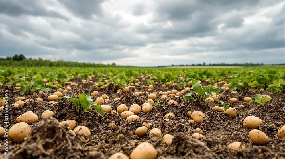 Fototapeta premium Potato harvest in lush farmland under dramatic cloudy sky