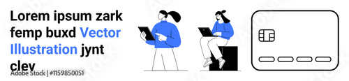 Two characters interacting with digital devices, one standing with a clipboard and the other sitting with a laptop, alongside a stylized credit card icon. Ideal for online shopping, digital