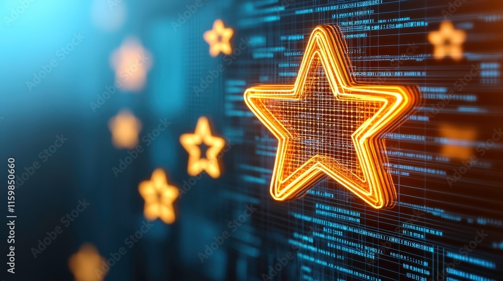 Fototapeta premium Neon stars against a digital background, symbolizing ratings or reviews.