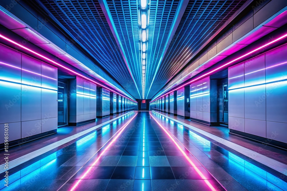 Fototapeta premium Futuristic Subway Corridor - Neon Blue Pink Lights