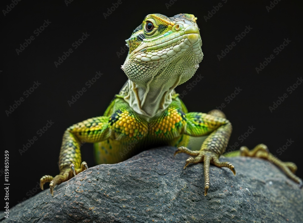 Fototapeta premium Close-up of a vibrant green and yellow lizard on a dark rock, head tilted upward.