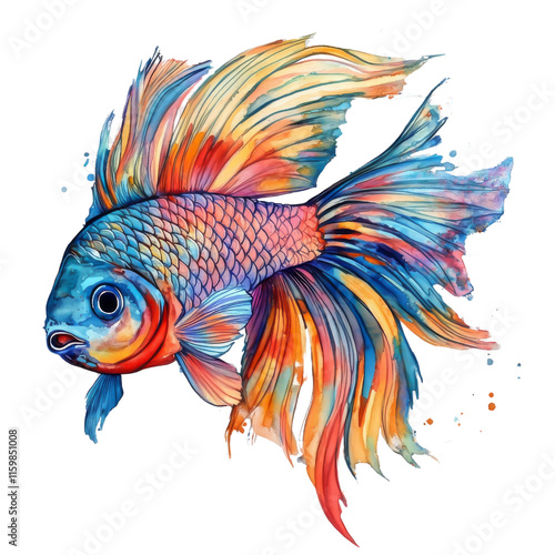 Tropical watercolor fish with colorful patterns and flowing fins, perfect for aquatic themes, isolated in PNG transparent background photo