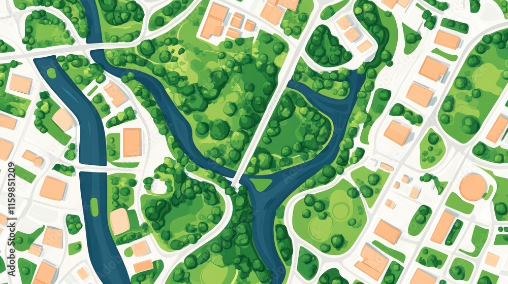 Fototapeta premium Aerial view of city park with river.
