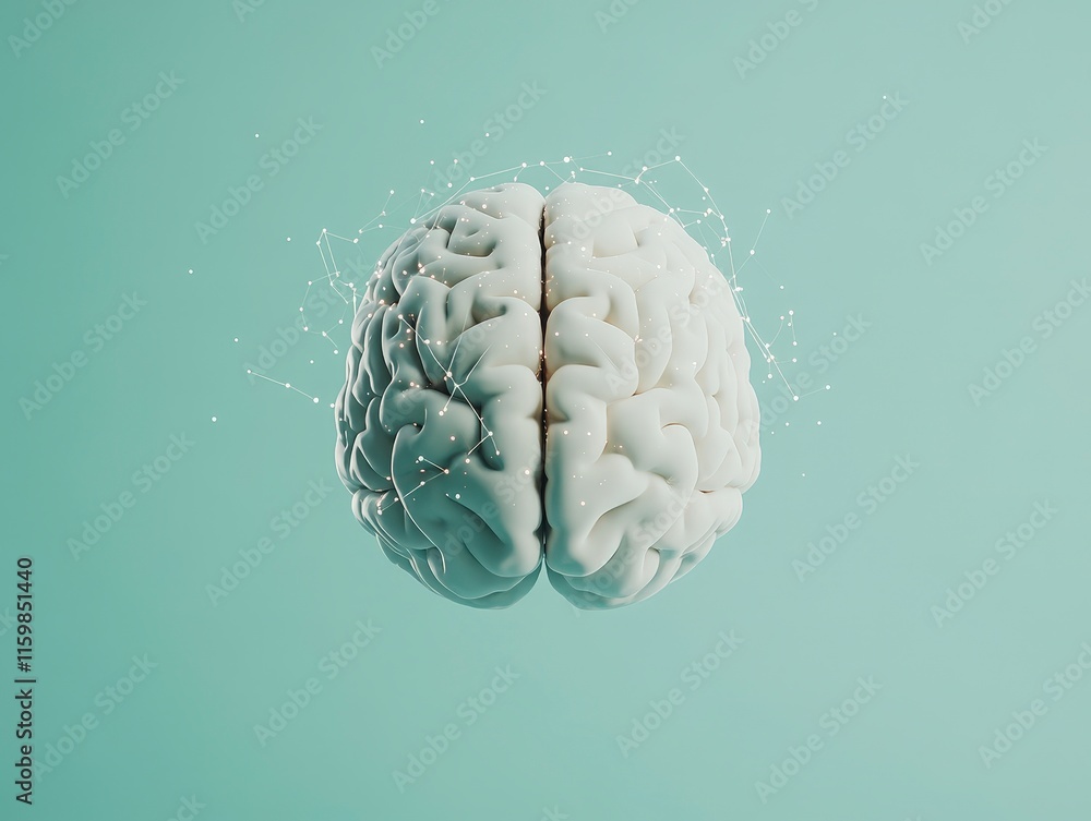 A 3D representation of a brain with connecting lines on a teal background.